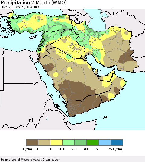 Middle East and Turkey Precipitation 2-Month (WMO) Thematic Map For 12/26/2023 - 2/25/2024