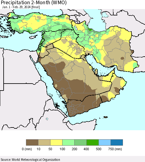 Middle East and Turkey Precipitation 2-Month (WMO) Thematic Map For 1/1/2024 - 2/29/2024