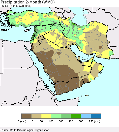 Middle East and Turkey Precipitation 2-Month (WMO) Thematic Map For 1/6/2024 - 3/5/2024
