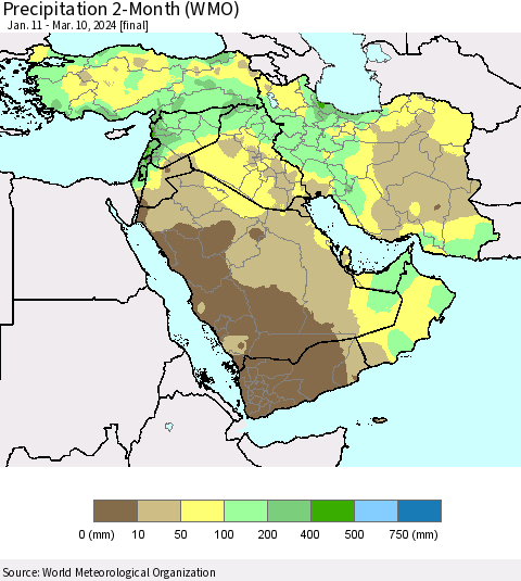 Middle East and Turkey Precipitation 2-Month (WMO) Thematic Map For 1/11/2024 - 3/10/2024