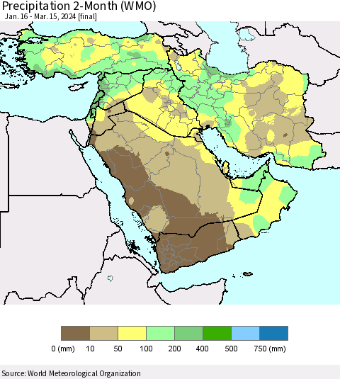 Middle East and Turkey Precipitation 2-Month (WMO) Thematic Map For 1/16/2024 - 3/15/2024
