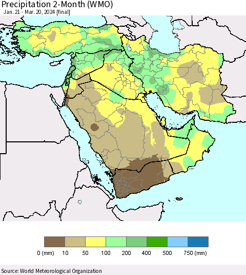 Middle East and Turkey Precipitation 2-Month (WMO) Thematic Map For 1/21/2024 - 3/20/2024