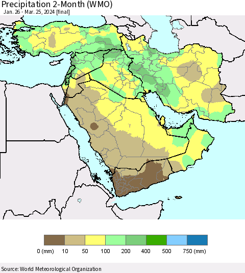 Middle East and Turkey Precipitation 2-Month (WMO) Thematic Map For 1/26/2024 - 3/25/2024