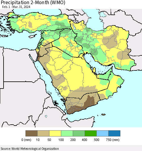 Middle East and Turkey Precipitation 2-Month (WMO) Thematic Map For 2/1/2024 - 3/31/2024