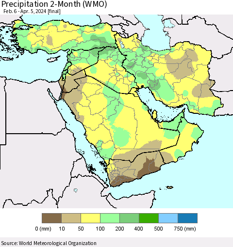 Middle East and Turkey Precipitation 2-Month (WMO) Thematic Map For 2/6/2024 - 4/5/2024