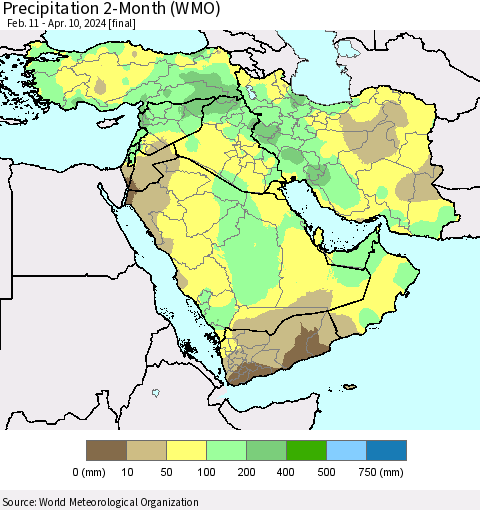 Middle East and Turkey Precipitation 2-Month (WMO) Thematic Map For 2/11/2024 - 4/10/2024
