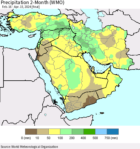 Middle East and Turkey Precipitation 2-Month (WMO) Thematic Map For 2/16/2024 - 4/15/2024