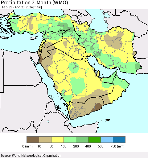 Middle East and Turkey Precipitation 2-Month (WMO) Thematic Map For 2/21/2024 - 4/20/2024