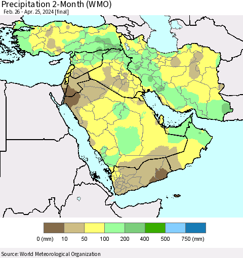 Middle East and Turkey Precipitation 2-Month (WMO) Thematic Map For 2/26/2024 - 4/25/2024