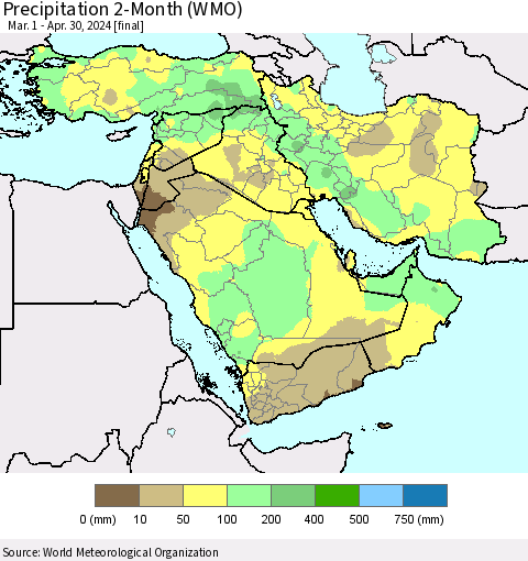 Middle East and Turkey Precipitation 2-Month (WMO) Thematic Map For 3/1/2024 - 4/30/2024