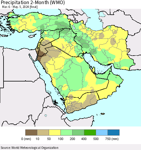 Middle East and Turkey Precipitation 2-Month (WMO) Thematic Map For 3/6/2024 - 5/5/2024