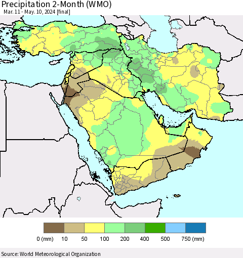Middle East and Turkey Precipitation 2-Month (WMO) Thematic Map For 3/11/2024 - 5/10/2024