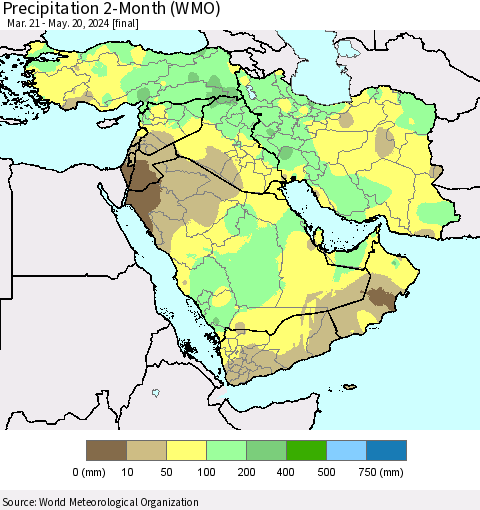 Middle East and Turkey Precipitation 2-Month (WMO) Thematic Map For 3/21/2024 - 5/20/2024