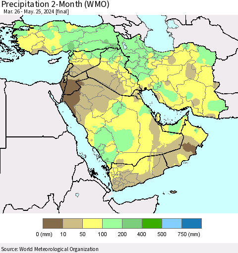 Middle East and Turkey Precipitation 2-Month (WMO) Thematic Map For 3/26/2024 - 5/25/2024
