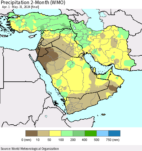 Middle East and Turkey Precipitation 2-Month (WMO) Thematic Map For 4/1/2024 - 5/31/2024