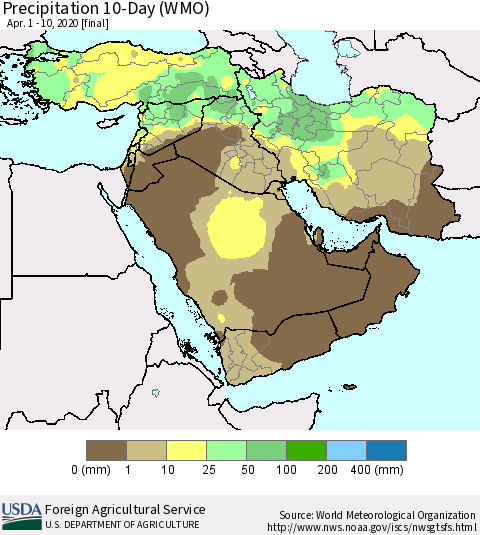 Middle East and Turkey Precipitation 10-Day (WMO) Thematic Map For 4/1/2020 - 4/10/2020