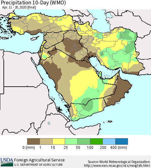 Middle East and Turkey Precipitation 10-Day (WMO) Thematic Map For 4/11/2020 - 4/20/2020