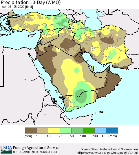 Middle East and Turkey Precipitation 10-Day (WMO) Thematic Map For 4/16/2020 - 4/25/2020