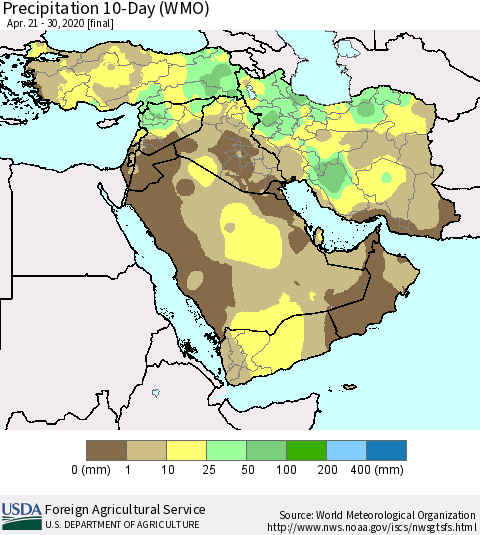 Middle East and Turkey Precipitation 10-Day (WMO) Thematic Map For 4/21/2020 - 4/30/2020