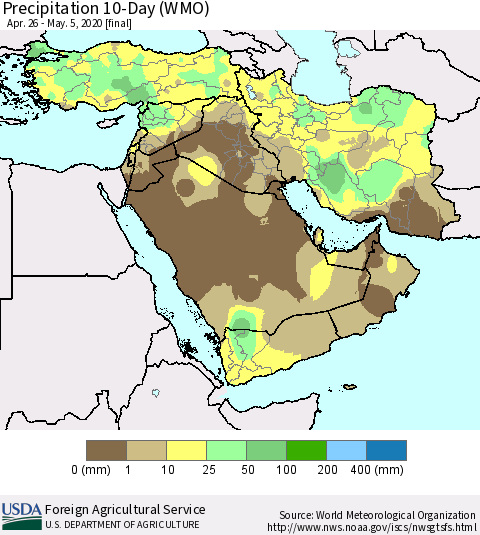 Middle East and Turkey Precipitation 10-Day (WMO) Thematic Map For 4/26/2020 - 5/5/2020