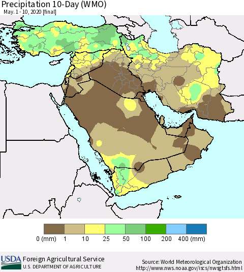 Middle East and Turkey Precipitation 10-Day (WMO) Thematic Map For 5/1/2020 - 5/10/2020