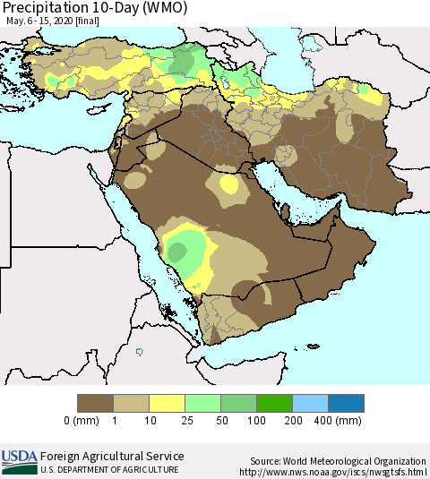 Middle East and Turkey Precipitation 10-Day (WMO) Thematic Map For 5/6/2020 - 5/15/2020