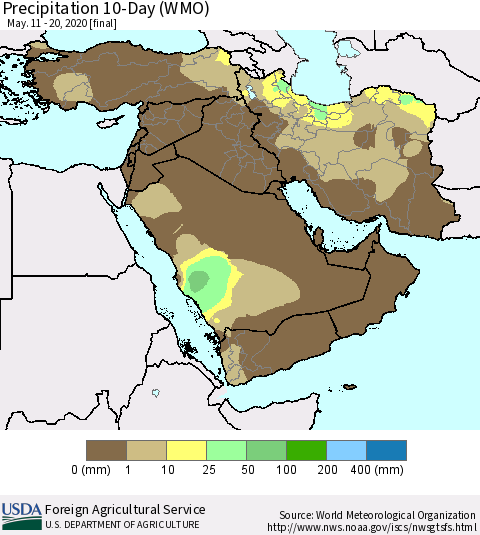 Middle East and Turkey Precipitation 10-Day (WMO) Thematic Map For 5/11/2020 - 5/20/2020