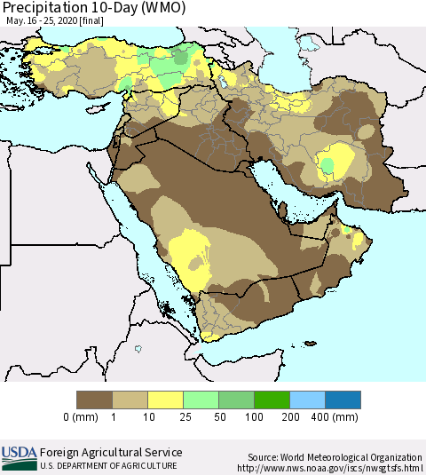 Middle East and Turkey Precipitation 10-Day (WMO) Thematic Map For 5/16/2020 - 5/25/2020