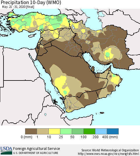 Middle East and Turkey Precipitation 10-Day (WMO) Thematic Map For 5/21/2020 - 5/31/2020