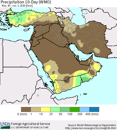 Middle East and Turkey Precipitation 10-Day (WMO) Thematic Map For 5/26/2020 - 6/5/2020