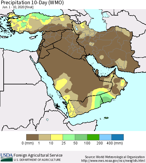 Middle East and Turkey Precipitation 10-Day (WMO) Thematic Map For 6/1/2020 - 6/10/2020