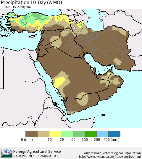 Middle East and Turkey Precipitation 10-Day (WMO) Thematic Map For 6/6/2020 - 6/15/2020