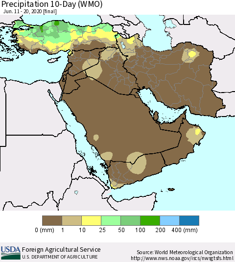 Middle East and Turkey Precipitation 10-Day (WMO) Thematic Map For 6/11/2020 - 6/20/2020