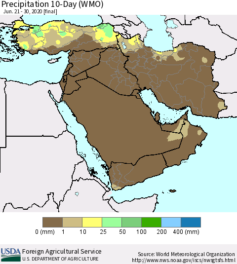 Middle East and Turkey Precipitation 10-Day (WMO) Thematic Map For 6/21/2020 - 6/30/2020