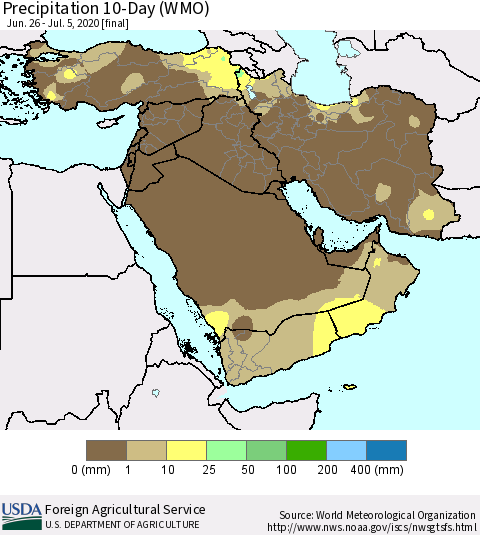 Middle East and Turkey Precipitation 10-Day (WMO) Thematic Map For 6/26/2020 - 7/5/2020