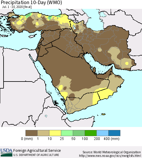 Middle East and Turkey Precipitation 10-Day (WMO) Thematic Map For 7/1/2020 - 7/10/2020