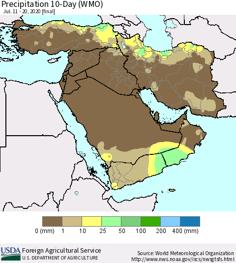 Middle East and Turkey Precipitation 10-Day (WMO) Thematic Map For 7/11/2020 - 7/20/2020