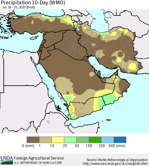 Middle East and Turkey Precipitation 10-Day (WMO) Thematic Map For 7/16/2020 - 7/25/2020