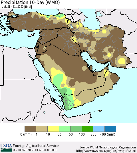 Middle East and Turkey Precipitation 10-Day (WMO) Thematic Map For 7/21/2020 - 7/31/2020