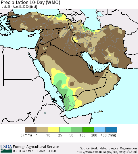Middle East and Turkey Precipitation 10-Day (WMO) Thematic Map For 7/26/2020 - 8/5/2020