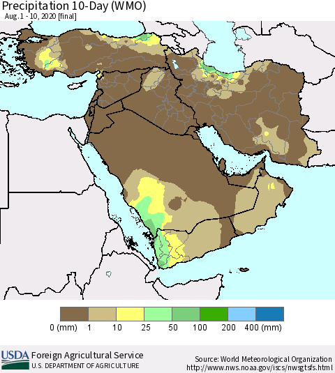 Middle East and Turkey Precipitation 10-Day (WMO) Thematic Map For 8/1/2020 - 8/10/2020