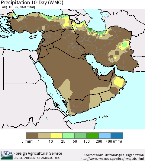 Middle East and Turkey Precipitation 10-Day (WMO) Thematic Map For 8/16/2020 - 8/25/2020