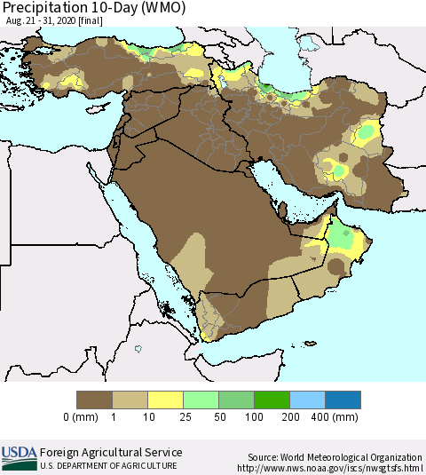 Middle East and Turkey Precipitation 10-Day (WMO) Thematic Map For 8/21/2020 - 8/31/2020