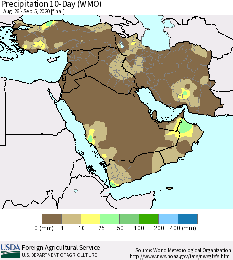 Middle East and Turkey Precipitation 10-Day (WMO) Thematic Map For 8/26/2020 - 9/5/2020