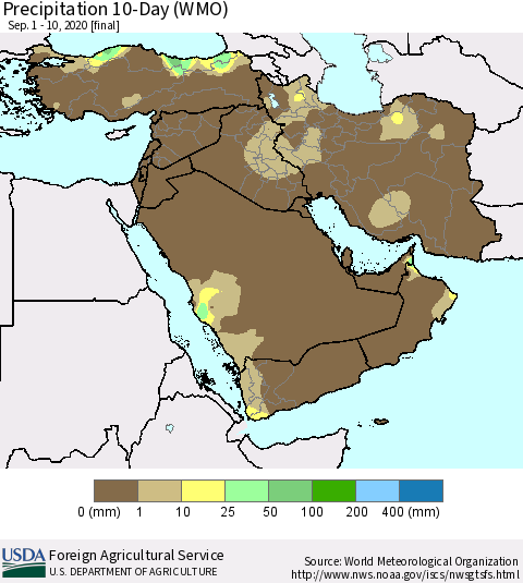 Middle East and Turkey Precipitation 10-Day (WMO) Thematic Map For 9/1/2020 - 9/10/2020