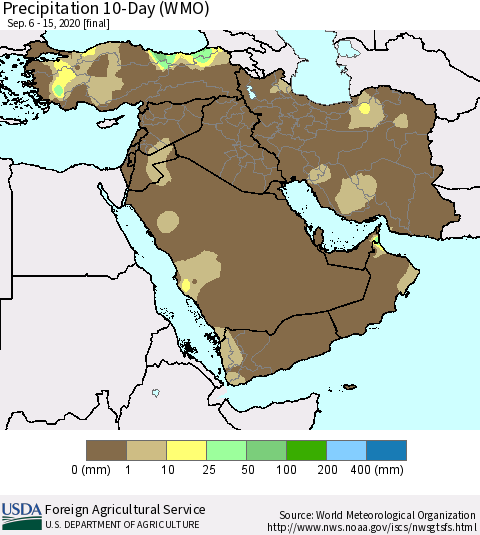 Middle East and Turkey Precipitation 10-Day (WMO) Thematic Map For 9/6/2020 - 9/15/2020