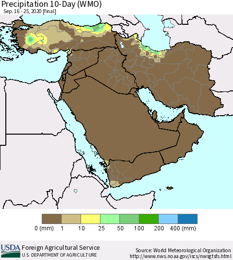 Middle East and Turkey Precipitation 10-Day (WMO) Thematic Map For 9/16/2020 - 9/25/2020