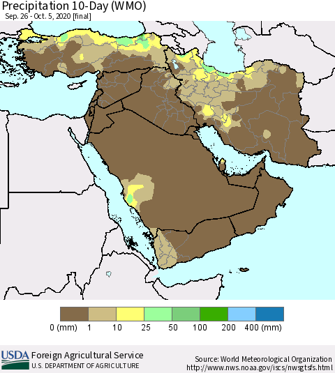 Middle East and Turkey Precipitation 10-Day (WMO) Thematic Map For 9/26/2020 - 10/5/2020