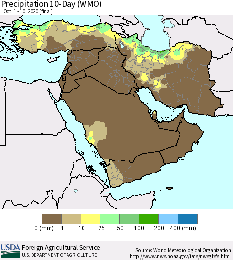 Middle East and Turkey Precipitation 10-Day (WMO) Thematic Map For 10/1/2020 - 10/10/2020