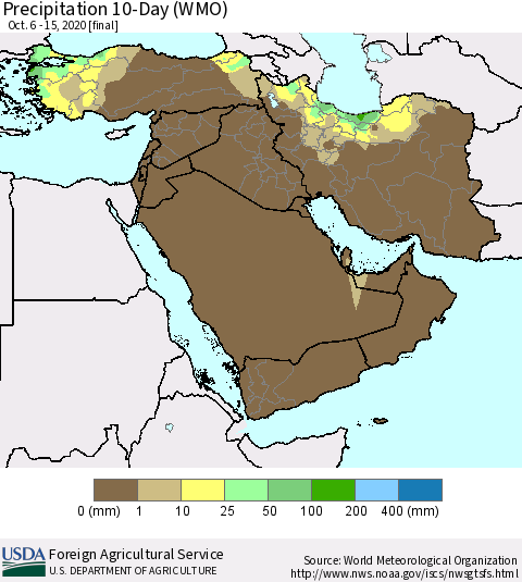 Middle East and Turkey Precipitation 10-Day (WMO) Thematic Map For 10/6/2020 - 10/15/2020